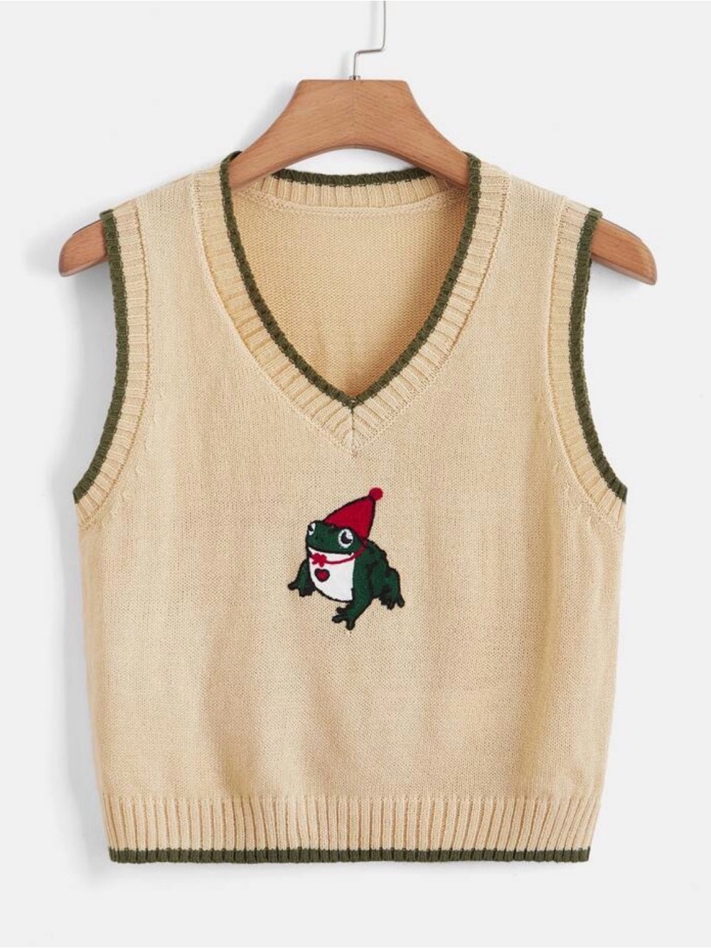 Romwe Frog Embroidery Contrast Binding Sweater Vest